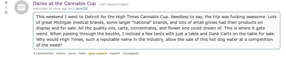 Reddit post on High Times selling Dank